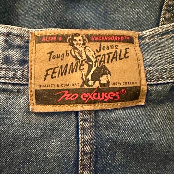 Vtg No Excuses Denim Button Front Skirt Sz 13/14 30” Waist Femme Fatale Patch - Picture 6 of 7